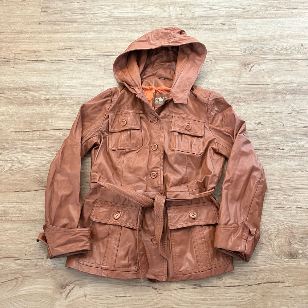 Nordstrom Volg2flow Leather Hooded Belted Jacket Women's Size 14 Button Up